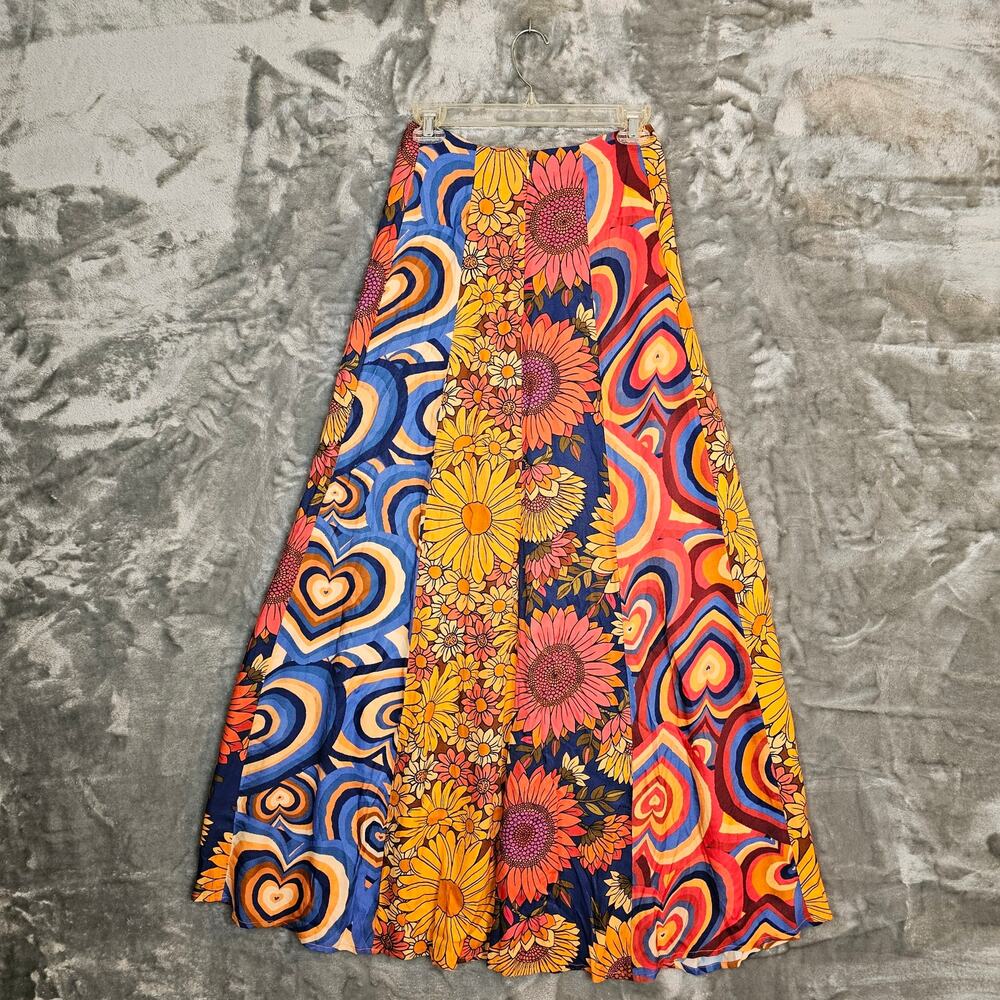 Farm Rio Skirt Womens XS Orange Blue Midi Floral Hearts Patchwork Boho Festival